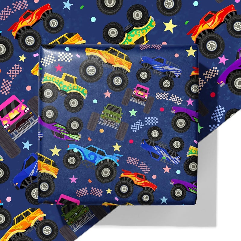 Cuitpan Monster Truck Wrapping Paper - Colorful Monster Trucks with Stars, Dots & Fun Patterns Design - Ideal for Kids & Car Enthusiasts Gift Wrapping - 40×28 Inches, 4 Folded Sheets - Image 1